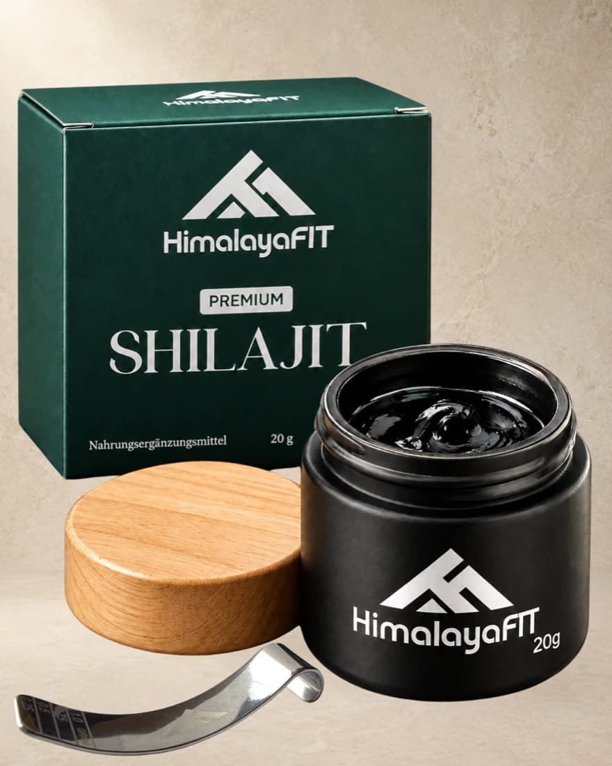 HimalayaFIT Shilajit Harz 20 g: grüner Karton, schwarzes Glas, Bambusdeckel und Löffel